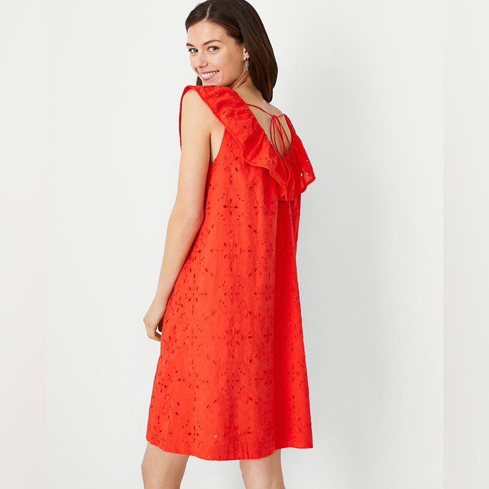 Ann Taylor Orange Eyelet Ruffle Neck Shift Dress Oversized Size L / XL